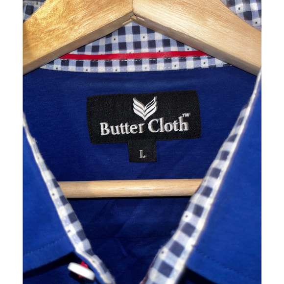 Butter Cloth Shirt Large Blue Button Up Icy Cotton Flip Cuff Stretch Performance - Picture 6 of 7